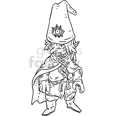 A black and white clipart image of a gnome or wizard-like character wearing a pointed hat decorated with a symbol, robe, belt, and boots.