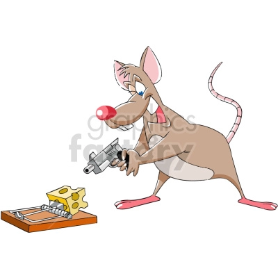 The clipart image shows a cartoon rat attempting to steal some cheese from what appears to be a mouse trap. The rat is standing on its hind legs and holding a gun. The mouse trap has a piece of cheese on it and is ready to snap shut if the rat takes the bait. This image depicts a common scenario where rats try to steal food, in this case, cheese, even if it means risking their safety by approaching a trap.
