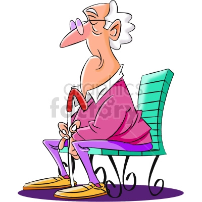 This clipart image depicts a cartoon senior citizen sitting on a bench. The elderly person appears to be feeling sad, lonely, and possibly in poor health as they are resting with their head down and eyes closed.