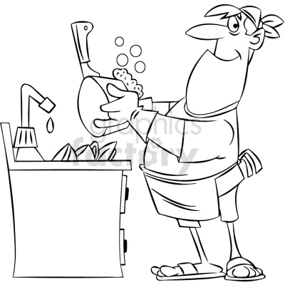 The clipart image is a black and white cartoon of a stay-at-home dad doing dishes. The image shows a man wearing an apron, standing at a kitchen sink, and washing a stack of dishes.
