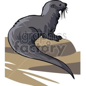 The clipart image depicts an otter, which are aquatic animals with brown fur, long tails, and webbed feet. It is sitting on the side of a mudbank or on a rock. 