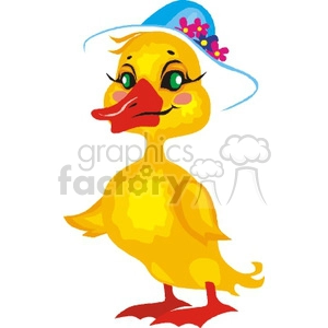 A cute yellow duckling wearing a blue hat adorned with pink and purple flowers.