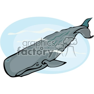 This image depicts a stylized cartoon of a sperm whale. It is colored in shades of gray with some greenish lines on its back, perhaps to represent texture. The whale is set against a circular pale blue background with wavy white lines, suggesting it is underwater.