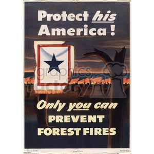 A vintage poster with the message 'Protect his America! Only you can prevent forest fires.' The poster features a symbol with a blue star and a forest background with burnt trees.