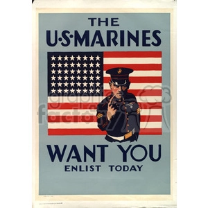 A vintage recruitment poster for the U.S. Marines featuring a uniformed marine officer pointing at the viewer with an American flag in the background. The poster reads 'THE U.S. MARINES WANT YOU ENLIST TODAY'.