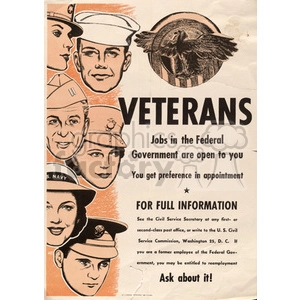 A government recruitment poster for veterans, featuring detailed illustrations of male and female service members from different branches of the military. The poster encourages veterans to seek jobs in the federal government, emphasizing their reemployment rights.
