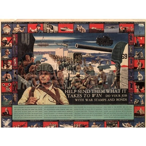 This clipart image depicts a World War II propaganda poster encouraging the purchase of war stamps and bonds to support the troops. The central image features soldiers preparing for battle, while the border includes various patriotic and war-related illustrations.