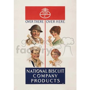 This vintage clipart image shows four individuals, including a soldier, a woman in green, a sailor, and a young girl, all holding and eating biscuits. The poster is divided into two sections labeled 'Over There' and 'Over Here' with the National Biscuit Company (NBC) logo at the top and 'National Biscuit Company Products' at the bottom.