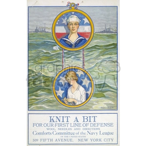 This clipart image features a World War I-era poster with two illustrations: a naval officer and a woman knitting. The background shows a harbor scene with ships. The text encourages knitting for the Navy League's Comforts Committee to support the defense effort.