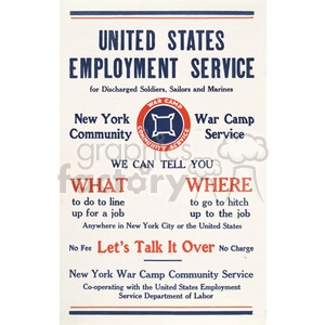 A vintage poster from the United States Employment Service, aimed at discharged soldiers, sailors, and marines. The poster advertises services offered by the New York War Camp Community Service to help veterans find employment. It includes phrases like 'We can tell you what to do to line up for a job' and 'where to go to hitch up to the job' and emphasizes that there are no fees or charges.