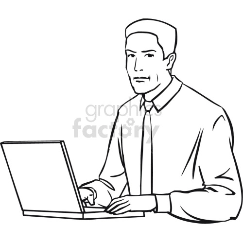 man working at laptop black white