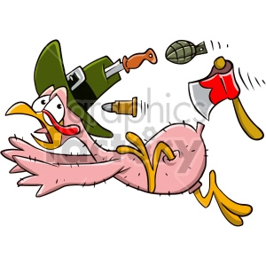 cartoon bald Thanksgiving turkey running from weapons