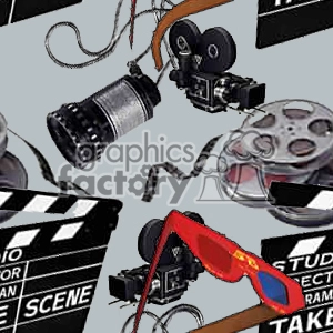 Clipart image depicting various filmmaking and cinema elements, including film cameras, film reels, a clapboard, 3D glasses, and a camera lens.