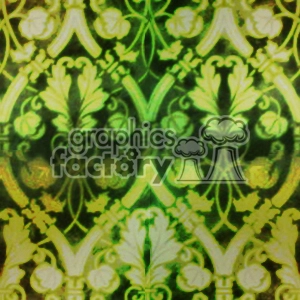 A symmetrical, ornate floral pattern with shades of green and yellow, resembling vintage wallpaper or textile design.
