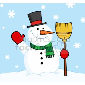 snowman in wearing a top hat scraf and mittens holding a broom 