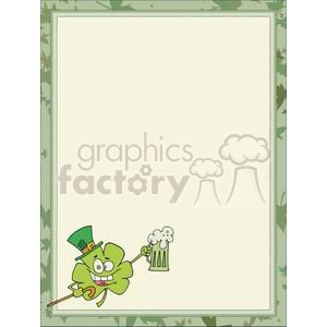 A festive clipart image featuring a cheerful four-leaf clover character wearing a leprechaun hat and holding a frothy mug of beer, set against a plain beige background with a green shamrock patterned border.