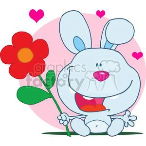 Happy Bunny holds flower in front of a Pink Circular Background