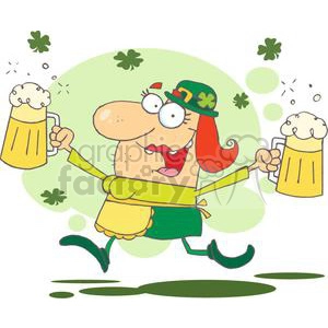 Happy Woman Leprechaun With Two Pints of Beer Skipping