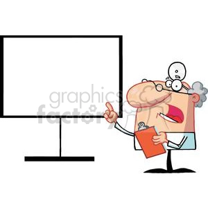 Clipart image featuring a cartoon doctor with glasses and a head mirror, holding a clipboard and pointing at a blank projection screen.