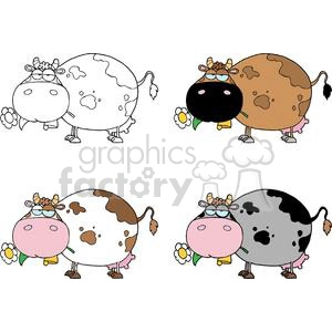 The image is a cartoon clipart featuring four different cows with exaggerated comical expressions and postures. Each cow is uniquely patterned and includes playful details such as flowers and colorful accents, like bells and bows.