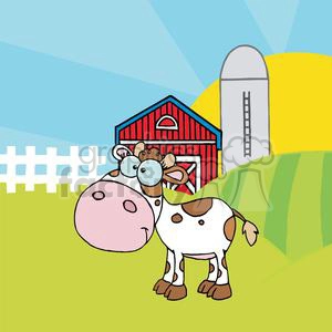 The image is a humorous, cartoon-style clipart featuring a farm setting. The central figure is a stylized, comical cow with a large head, big eyes, and an exaggerated pink nose. The cow's appearance is meant to evoke laughter or amusement with its quirky, charming design. The background shows elements typical of a farm, including a red barn with a white door, a white picket fence, a rolling green hill, and a grey silo. A clear blue sky with a slight gradient fills the background.