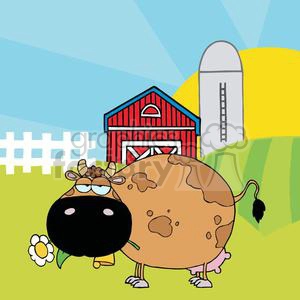 This clipart image features a caricatured, comical cow with large, exaggerated features such as oversized eyes and big nostrils. The cow has a humorous expression and glasses, and it is munching on a flower. In the background, there's a classic red farm barn, a white fence, a silo, and rolling green hills under a blue sky with a yellow sun. The image has a vibrant, cartoonish style typical of humorous farm animal illustrations.
