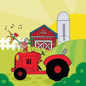 This clipart image features a comical rooster crowing while standing on a red farm tractor. The background includes a red barn, a white fence, a silo, and a sunrise, giving a cheerful morning farm scene.