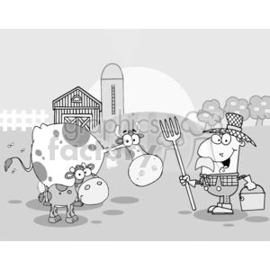 This is a black and white clipart image depicting a humorous farm scene. There are 2 smiling cows in the foreground. A character that seems to be a farmer is standing to the right, holding a pitchfork and carrying a pail. The farmer is wearing a hat, adding to the comical farm interpretation. In the background, there is a barn, a silo, foliage, and a fence, establishing the setting as a farm.