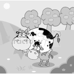 The clipart image features a stylized illustration of two cows in a farm setting. The larger cow in the background has a quirky, surprised expression with wide-open eyes. There are black spots scattered over its body, a typical characteristic of certain cow breeds. The smaller cow in the foreground shares a similarly playful expression, with a direct gaze and a goofy smile. The background suggests a pastoral scene with trees, hills, and a simple representation of the sun or a cloud in the sky, adding to the farm-like atmosphere.