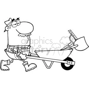 This clipart image features a cartoon character of a man with a mustache pushing a wheelbarrow. The wheelbarrow contains garden tools, including a shovel and a rake. The man is wearing a hat, working gloves, boots, and a checkered shirt.