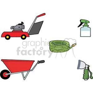 Mower, wheel barrel, garden hose, spray attachment, spray bottle tool set