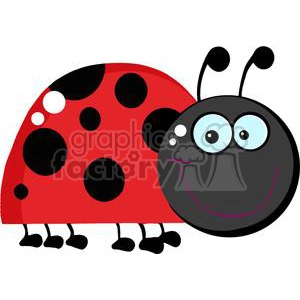 A colorful and cheerful clipart image of a ladybug with a red body, black spots, a cute smiling face, big blue eyes, and black antennae.