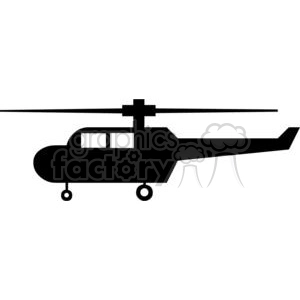 The image shows a black silhouette of a helicopter, with its body and rotor blades clearly visible. Its rotor blades are extended and spread outwards, and the helicopter has a distinct, recognizable shape. The helicopter is facing to the left.