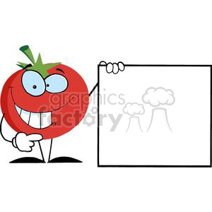 Clipart image of a cheerful cartoon tomato character with a big smile, pointing to a blank whiteboard.