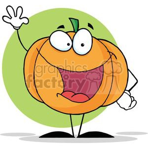 A cheerful, cartoon pumpkin character with a big smile, standing upright, and waving its hand. The pumpkin has large, expressive eyes, thin arms and legs, and is set against a green circular background.