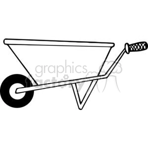 A simple black and white clipart image of a wheelbarrow.