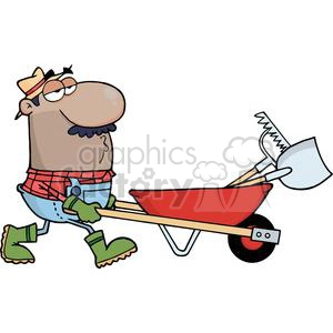 A cartoon illustration of a farmer pushing a red wheelbarrow filled with gardening tools such as a shovel and a saw. The farmer is wearing a straw hat, red plaid shirt, blue overalls, green gloves, and green boots.