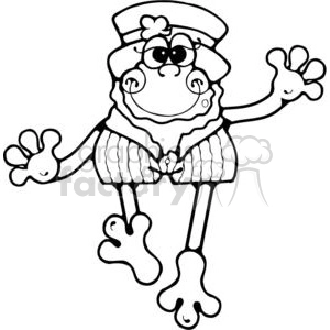 Black and white clipart of a cartoonish frog wearing a hat and striped pants, with a friendly expression and waving hands.