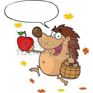 The image is a clipart featuring a cartoon hedgehog running. The hedgehog looks happy and is holding a red apple in one hand and a small woven basket in the other. There are autumn leaves scattered around, suggesting the season is fall. Above the hedgehog, there is an empty speech bubble indicating that the hedgehog could be saying something. The hedgehog's joyful expression and the dynamic pose while running adds a humorous touch to the clipart.
