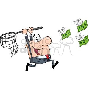 A cartoon illustration of a man in a suit, running with a net trying to catch flying dollar bills with wings.