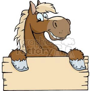 A cartoon horse with a smiling face is holding a blank wooden sign. The horse has a brown body and a light-colored mane.