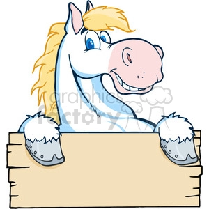 A cheerful cartoon horse with blonde mane holding a blank wooden sign.