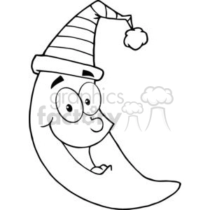 Clipart image of a smiling crescent moon wearing a striped nightcap.