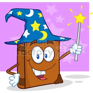 Cartoon book character as a wizard wearing a blue hat with stars and moons, holding a magical wand.