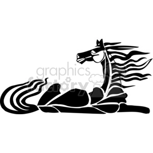 Black and white vector clipart of a stylized horse lying down with its mane flowing.