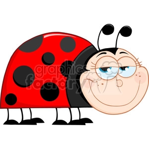 A cartoon-style, red ladybug with black spots, featuring a large smiling face with blue eyes and prominent antennae.