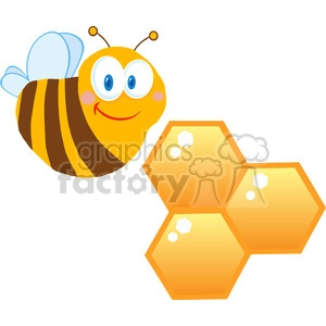 A cheerful cartoon bee with blue wings and big eyes, next to a set of golden honeycomb cells.