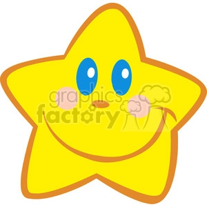 A cheerful, yellow smiling star clipart with blue eyes and blush on its cheeks, outlined in brown.