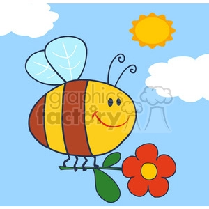 Illustration of a happy cartoon bee with blue wings, flying near a red flower, with a bright yellow sun and white clouds in the sunny blue sky.