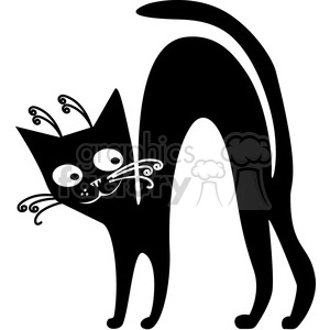 The image depicts a stylized clipart of a black cat with prominent features. The cat has an arched back, indicating a scared or defensive posture, with wide eyes and curved whiskers.